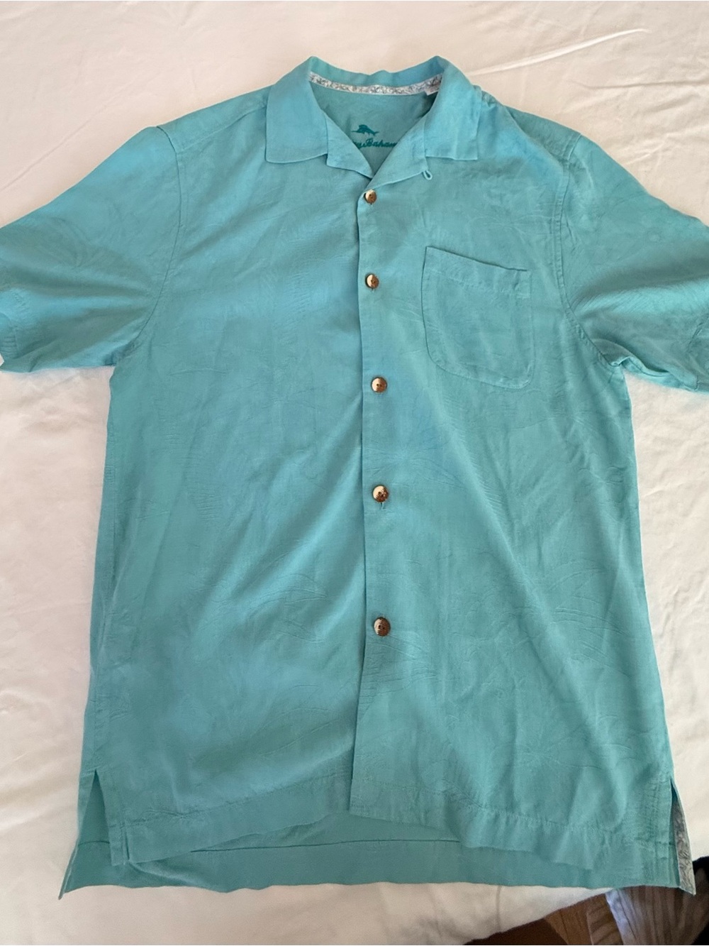 Tommy Bahama Men's Small 100% Silk Camp Shirt Teal Aqua short sleeve